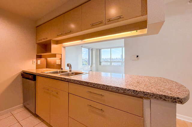 The granite peninsula with a double sink and stainless dishwasher, looking through to the living room windows