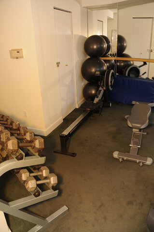 The gym's rower, exercise balls, dumbbells and bench - 15B-199 Drake Street, Vancouver Downtown