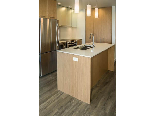 Bright kitchen with modern stainless steel appliances, white countertops, and wooden cabinets. - 501 - 221 East 3rd Street, North Vancouver