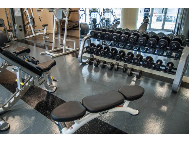 Bright gym with black rubber flooring and weight racks. - 3602 - 1111 W Pender, Vancouver Downtown