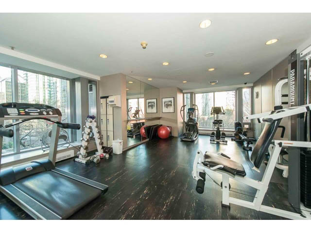 Spacious gym with hardwood floors, treadmills, and city views. - 507 - 1200 West Georgia Street, Vancouver Downtown