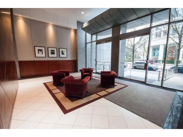 Furnished living room with modern furniture and city view. - 507 - 1200 West Georgia Street, Vancouver Downtown