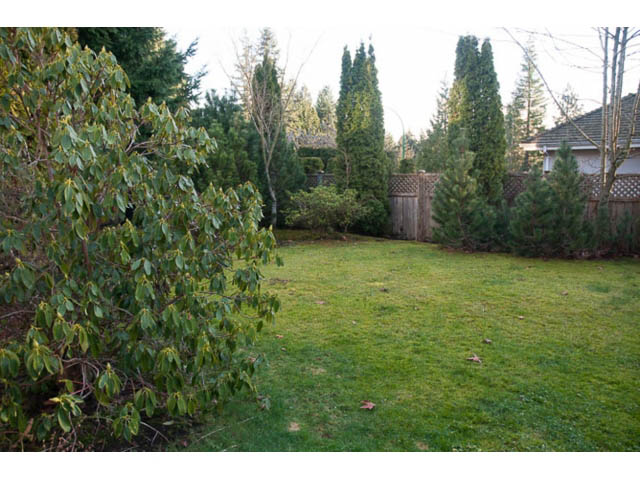 Furnished backyard with lush greenery and a wooden fence. - 4287 Madeley Rd, North Vancouver
