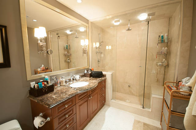 Furnished bathroom with granite countertops and a walk-in shower. - 2503 - 428 Beach Crescent, Vancouver Downtown