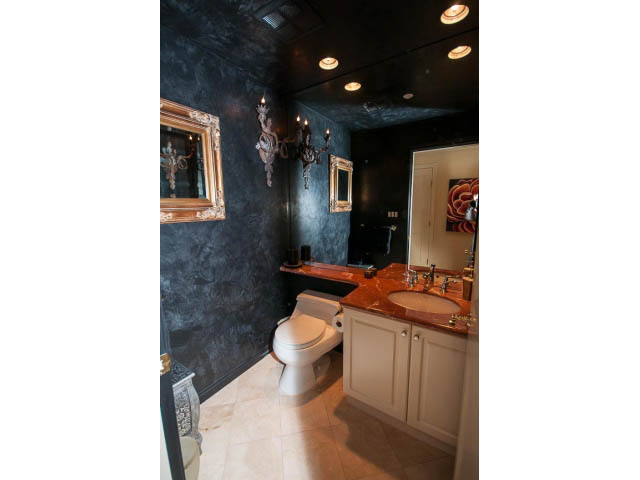 Furnished bathroom with dark walls, ornate mirror, and modern fixtures. - 1102 - 1777  Bayshore Drive, Vancouver Downtown