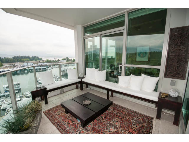 Furnished living room with city view, modern furniture, and patterned rug. - 1102 - 1777  Bayshore Drive, Vancouver Downtown