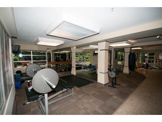 Spacious gym with mirrored walls, weight racks, and large windows. - 409 - 3023 West 4th Ave., Vancouver West Side