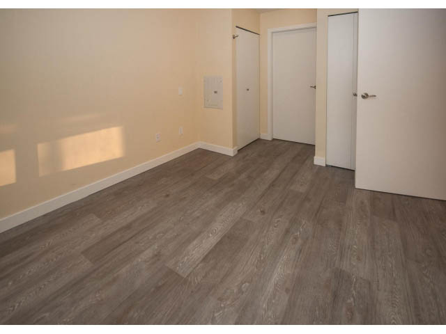 Bright living room with hardwood floors and neutral walls. - 312 - 1633 Mackay Avenue, North Vancouver