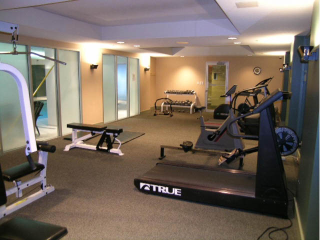 Furnished gym with treadmills and weight machines, carpeted floor. - 502 - 555 Jervis, Vancouver Downtown