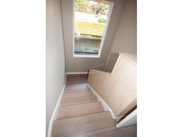 Bright staircase with wooden steps and a skylight above, leading to a second floor. - 555 Stevens Dr, West Vancouver