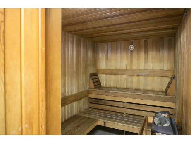 Spacious, well-lit wooden sauna with built-in benches and steam vent. - 1505 - 488 Helmcken, Vancouver Downtown