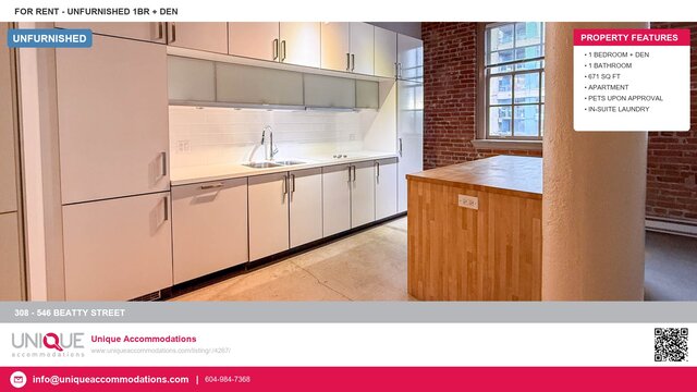Modern kitchen with white cabinets, granite countertops, and a brick wall backdrop. - 308 - 546 Beatty Street, Vancouver Downtown