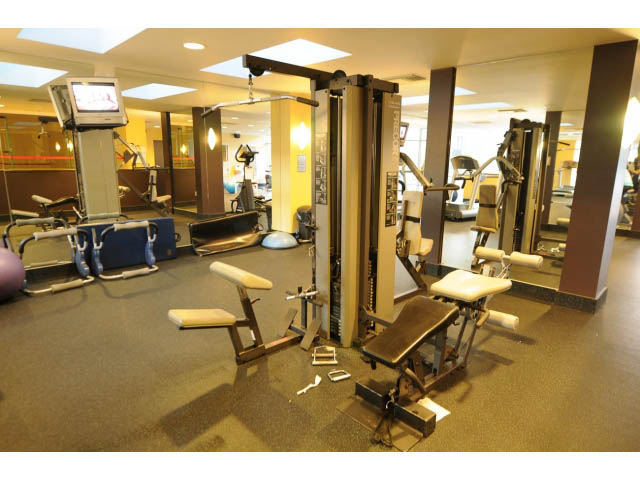 Furnished gym with weight machines and mirrors, carpeted floor. - 2006 - 583 Beach Crescent, Vancouver Downtown