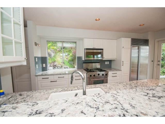 Bright kitchen with granite countertops, stainless steel appliances, and a view of greenery outside. - 3890 Sharon Drive, West Vancouver