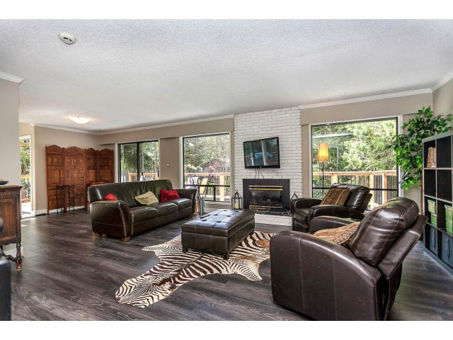 Spacious living room with hardwood floors, zebra print rug, and large windows. - 3243 Milton Ave., North Vancouver