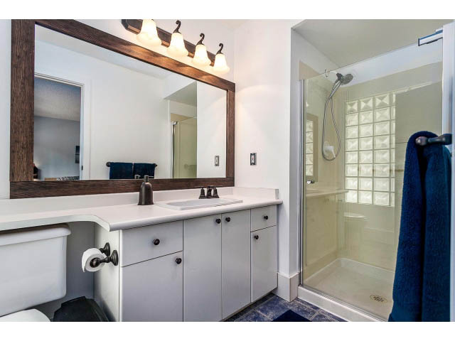 Bright bathroom with white cabinetry, glass block shower, and modern lighting. - 3243 Milton Ave., North Vancouver