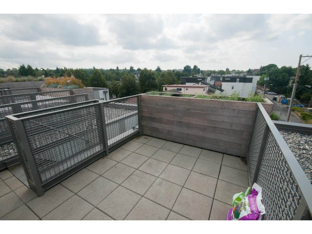 Furnished rooftop patio with city view and modern fencing. - 3187 St. George St., Vancouver East Side