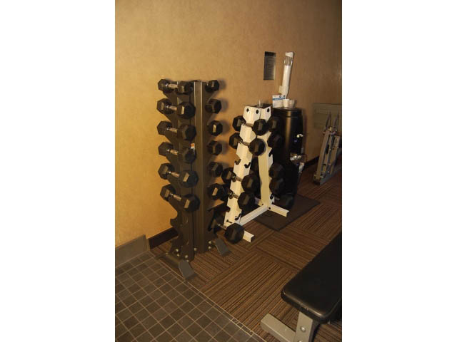 Bright gym with weight racks and bench, clean and organized. - 1106 - 788 Richards, Vancouver Downtown