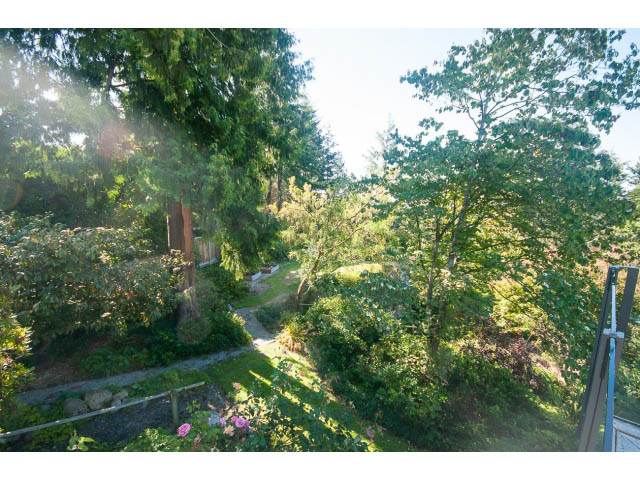 Bright garden with lush greenery and sunlight filtering through trees. - 6190 Candia Place, West Vancouver