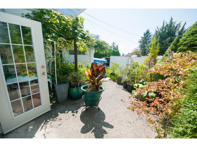 Furnished patio with potted plants and a white door leading inside. - 221 Carisbrooke Crescent, North Vancouver