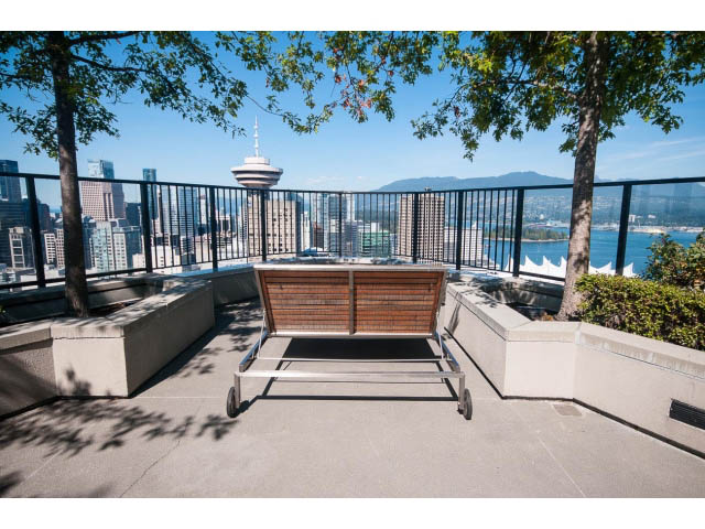 Furnished balcony with city view and outdoor seating. - 803 - 128 Cordova St W, Vancouver Downtown