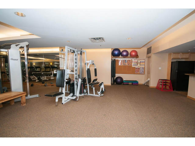 Spacious gym with cardio machines, weights, and exercise balls. - 603 - 1425 West 6th Ave, Vancouver West Side