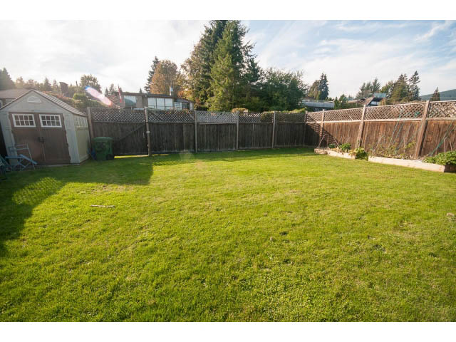 Spacious backyard with lush green lawn and wooden fence. - 389 Beachview Dr, North Vancouver
