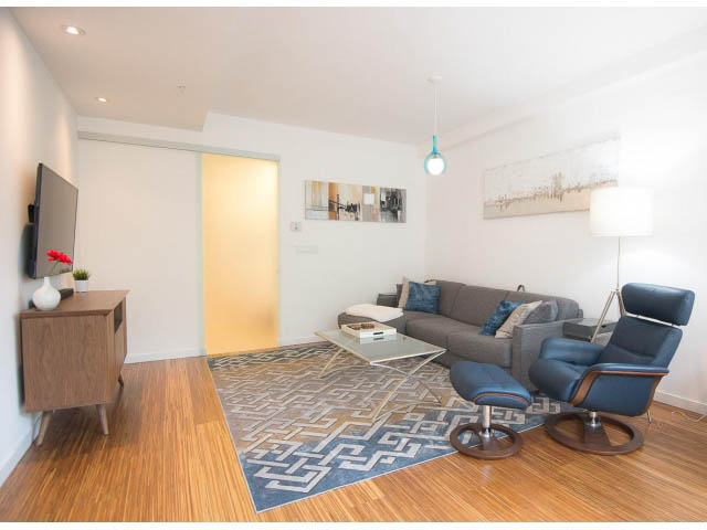 Furnished living room with hardwood floors and modern decor, featuring a geometric rug and a comfortable sofa.