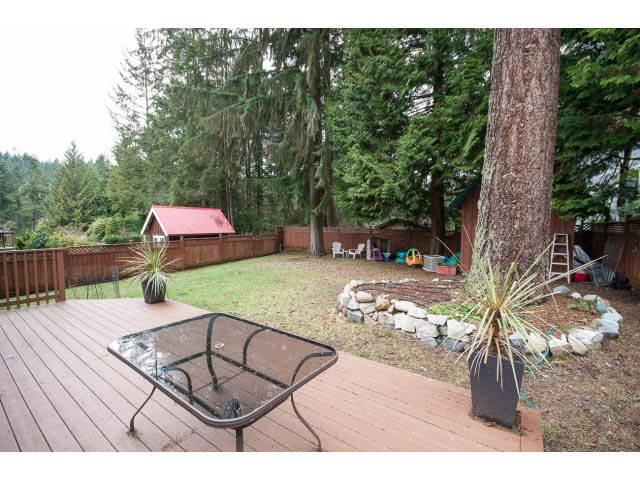 Furnished patio with wooden deck, glass table, and lush greenery. - 2346 Riverbank Place, North Vancouver