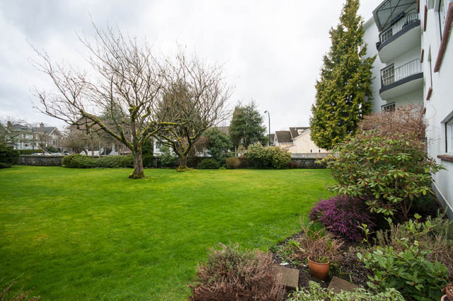 Courtyard with lush green lawn and mature trees. - 112 - 2890 Point Grey Road, Vancouver West Side