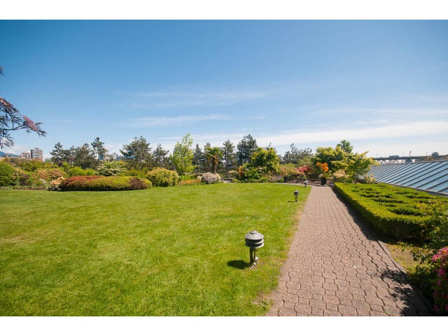 Spacious living room with lush green lawn and city view. - 307 - 1490 Pennyfarthing Drive, Vancouver West Side