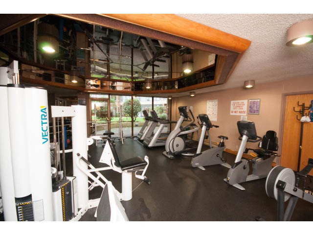 Spacious gym with cardio equipment and large windows. - 307 - 1490 Pennyfarthing Drive, Vancouver West Side