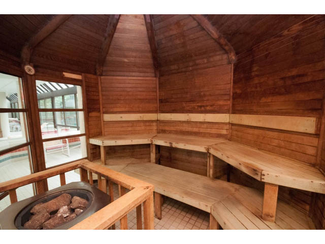 Spacious sauna with wooden benches and a cozy fire pit. - 307 - 1490 Pennyfarthing Drive, Vancouver West Side