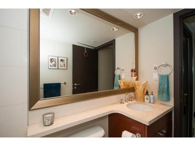 Furnished bathroom with large mirror, granite countertops, and modern fixtures. - 803 - 590 Nicola Street, Vancouver Downtown