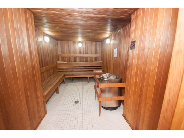 Spacious sauna with wooden benches and tiled floor. - 803 - 590 Nicola Street, Vancouver Downtown