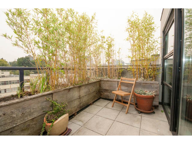 Bright rooftop patio with wooden planters and bamboo, city view in the background. - 716 - 428 West 8th Ave, Vancouver West Side