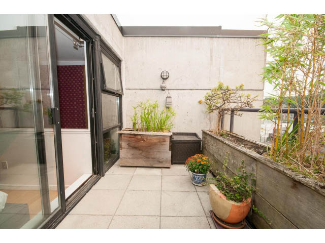 Bright and airy loft with large sliding glass doors, tiled floor, and potted plants. - 716 - 428 West 8th Ave, Vancouver West Side