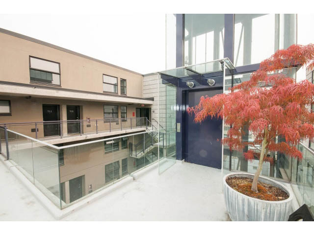 Furnished loft with modern glass railings and vibrant red tree in courtyard. - 716 - 428 West 8th Ave, Vancouver West Side