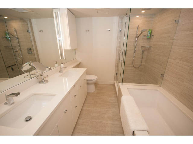 Spacious bathroom with white countertops and a walk-in shower. - 103 - 1860 Robson Street, Vancouver Downtown