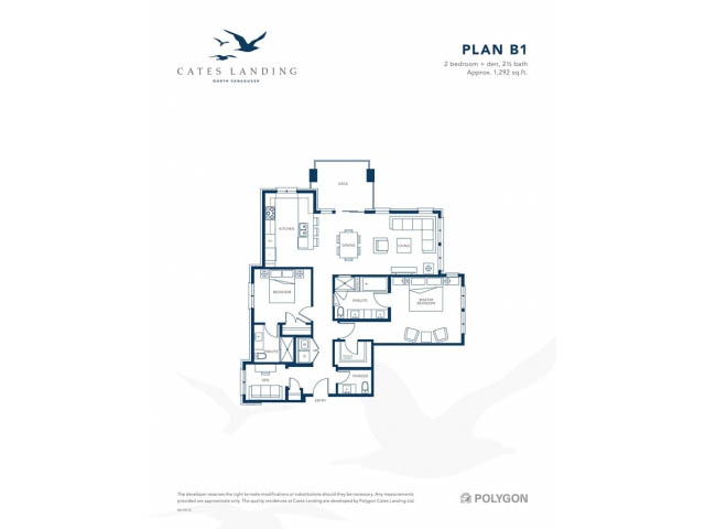 Furnished 2-bedroom + den floor plan with open-concept living area and hardwood floors. - 303 - 3825 Cate's Landing, North Vancouver