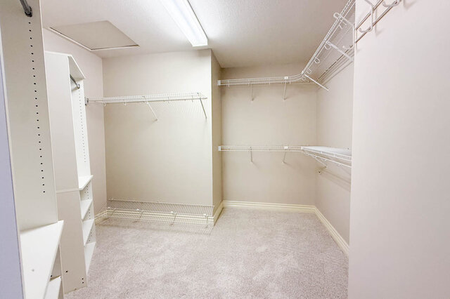 Walk-in closet with wire shelving on three walls and a tall shelving unit. - 3858 Sauve Place, North Vancouver