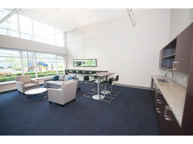Furnished living room with modern furniture, large windows, and dark carpet. - 802 - 1708 Columbia St, Vancouver West Side