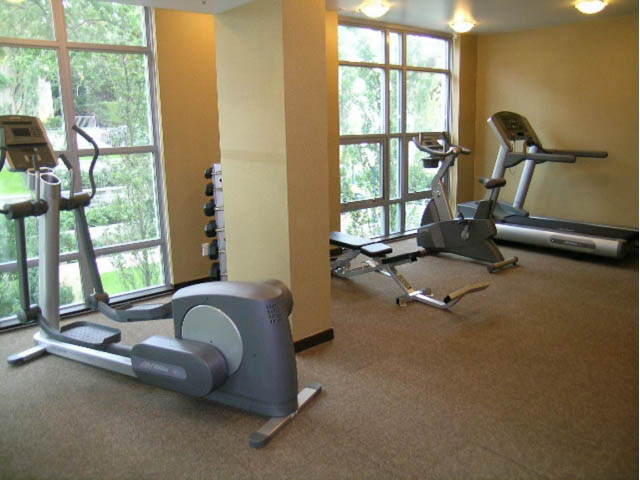 Bright and spacious fitness room with large windows, exercise equipment, and a view of greenery outside.