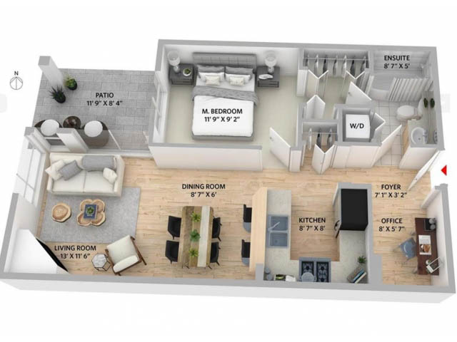Furnished 1-bedroom + den with hardwood floors, open-concept layout, and patio access. - 106 - 1868 W. 5th Avenue, Vancouver West Side