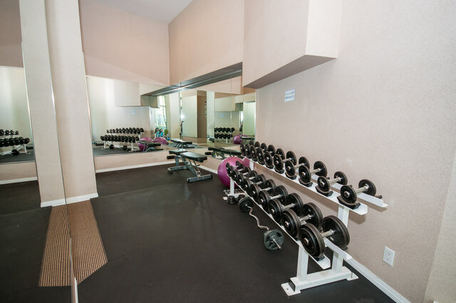 Spacious fitness room with dumbbells, mirrors, and exercise equipment. - 2303 - 1328 West Pender Street, Vancouver Downtown