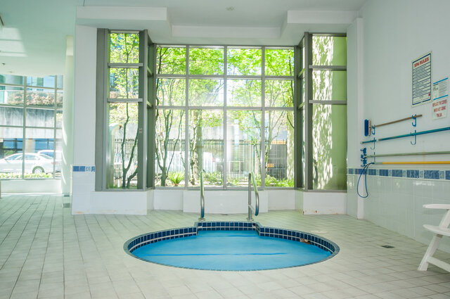 Spacious indoor spa with large windows and greenery view. - 2303 - 1328 West Pender Street, Vancouver Downtown