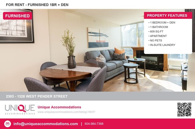 Furnished 1-bedroom + den condo with hardwood floors, modern decor, and a cozy fireplace. - 2303 - 1328 West Pender Street, Vancouver Downtown