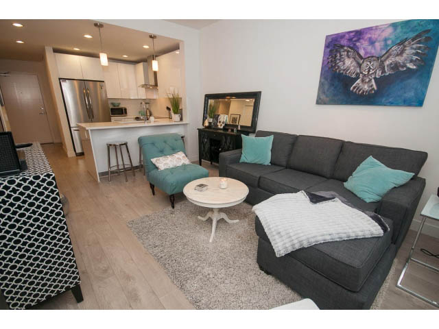Furnished 1-bedroom + den with hardwood floors, modern kitchen, and cozy living area with a large sectional sofa and owl...