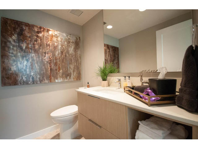 Furnished bathroom with modern decor, wooden cabinets, and abstract wall art. - 203 - 3825 Cate's Landing, North Vancouver