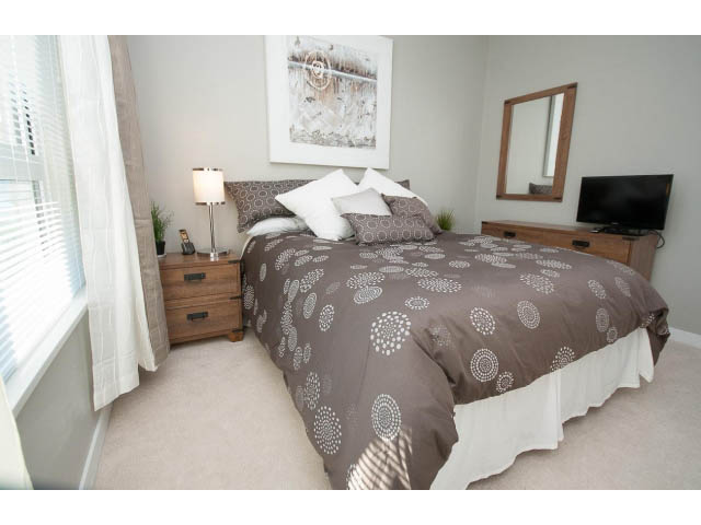 Bright bedroom with modern decor, patterned bedding, and a flat-screen TV. - 203 - 3825 Cate's Landing, North Vancouver